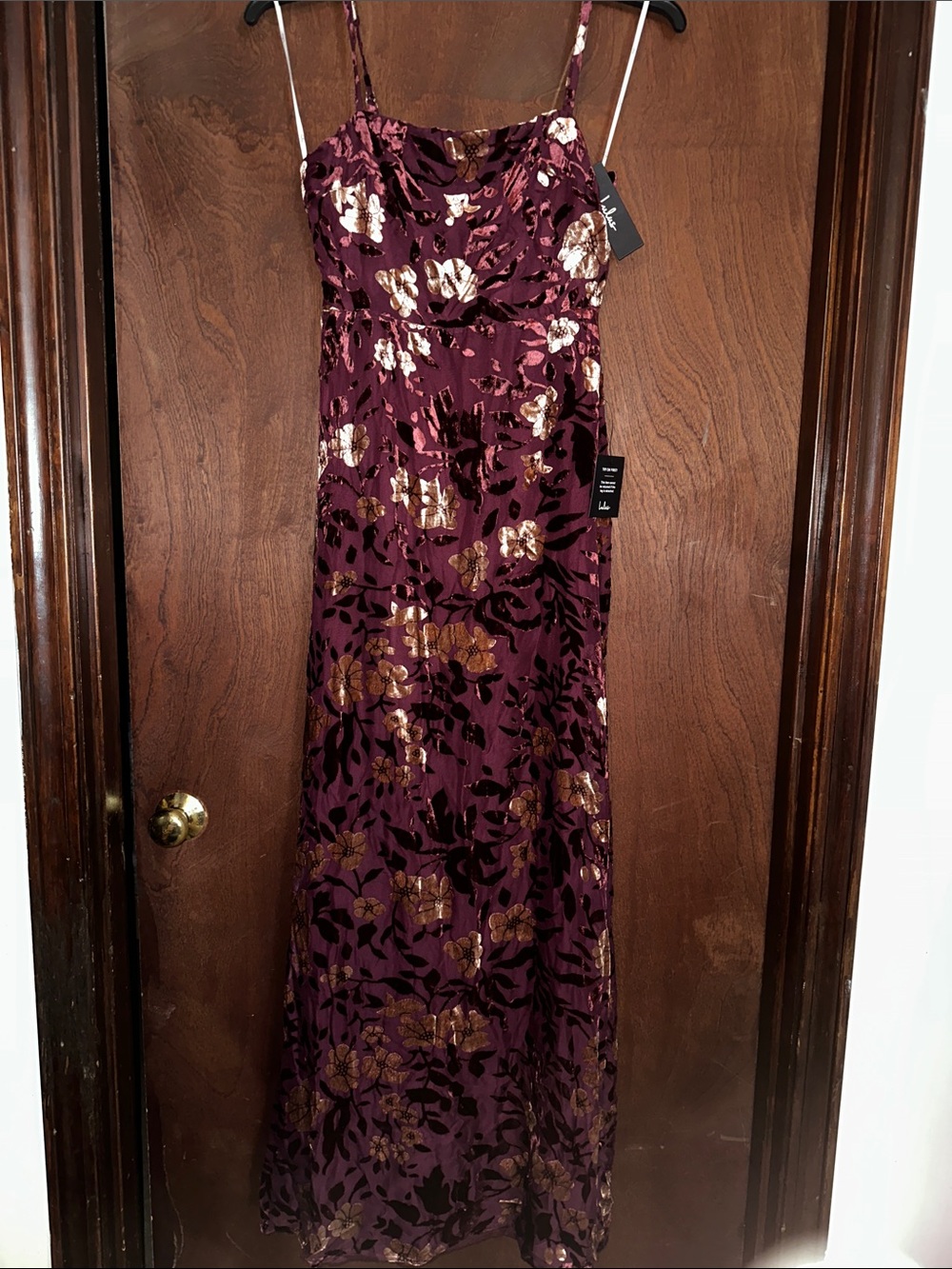 Lulu's Burgundy Velvet Floral Slip Dress with Gold Floral Burnout